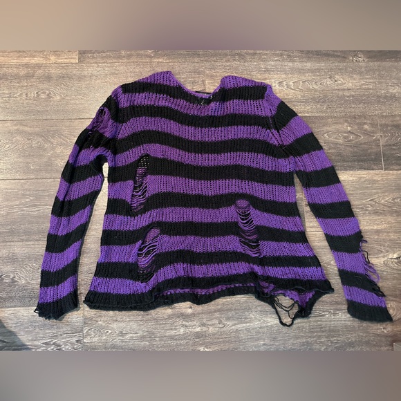 Killstar Sweaters - Killstar Distressed Purple and Black Striped Sweater, size xxl